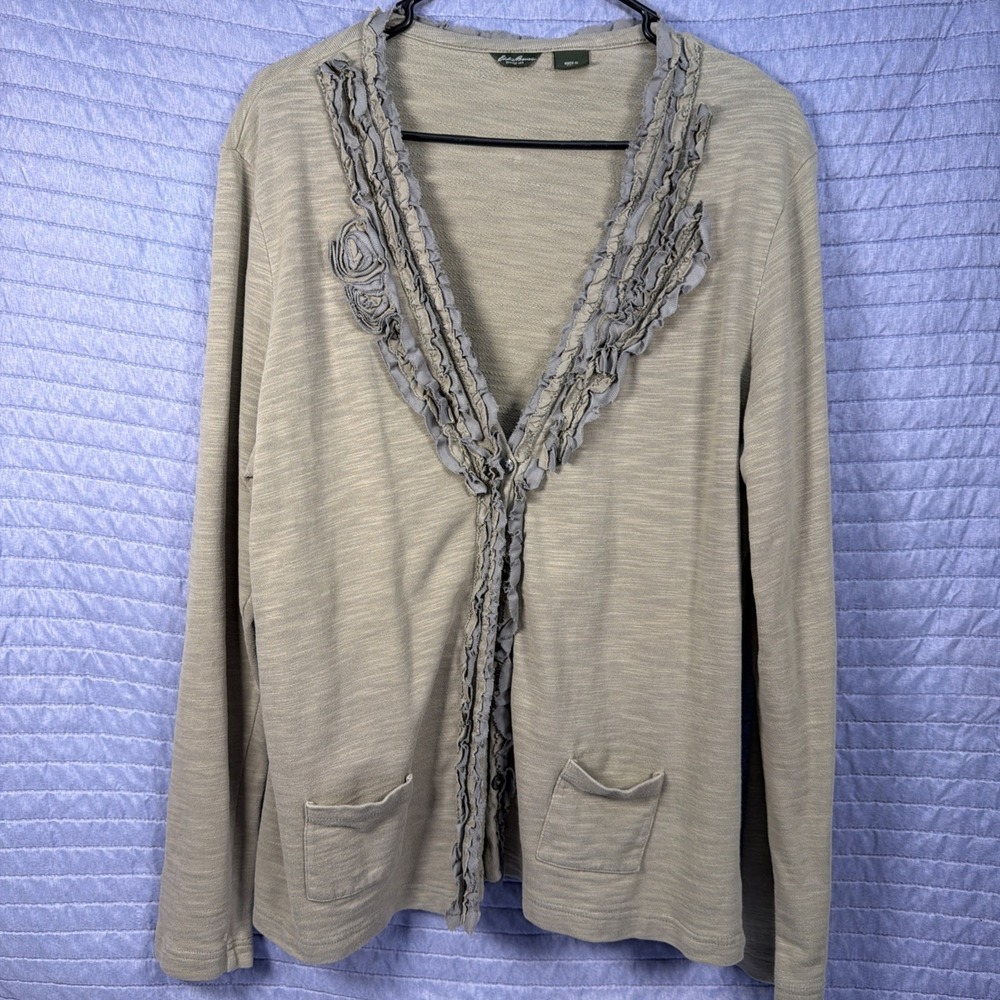Eddie Bauer Cardigan Sweater Womens XL Olive Gray Button Front Boho Trim - Picture 2 of 9
